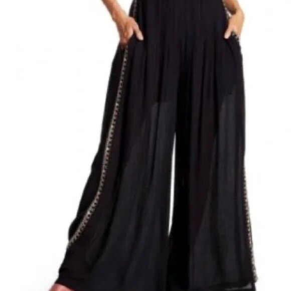 Free People Size 2 Santoshi Black Wide Leg Embroidered Boho Gauzy Pants B5 - Picture 12 of 12